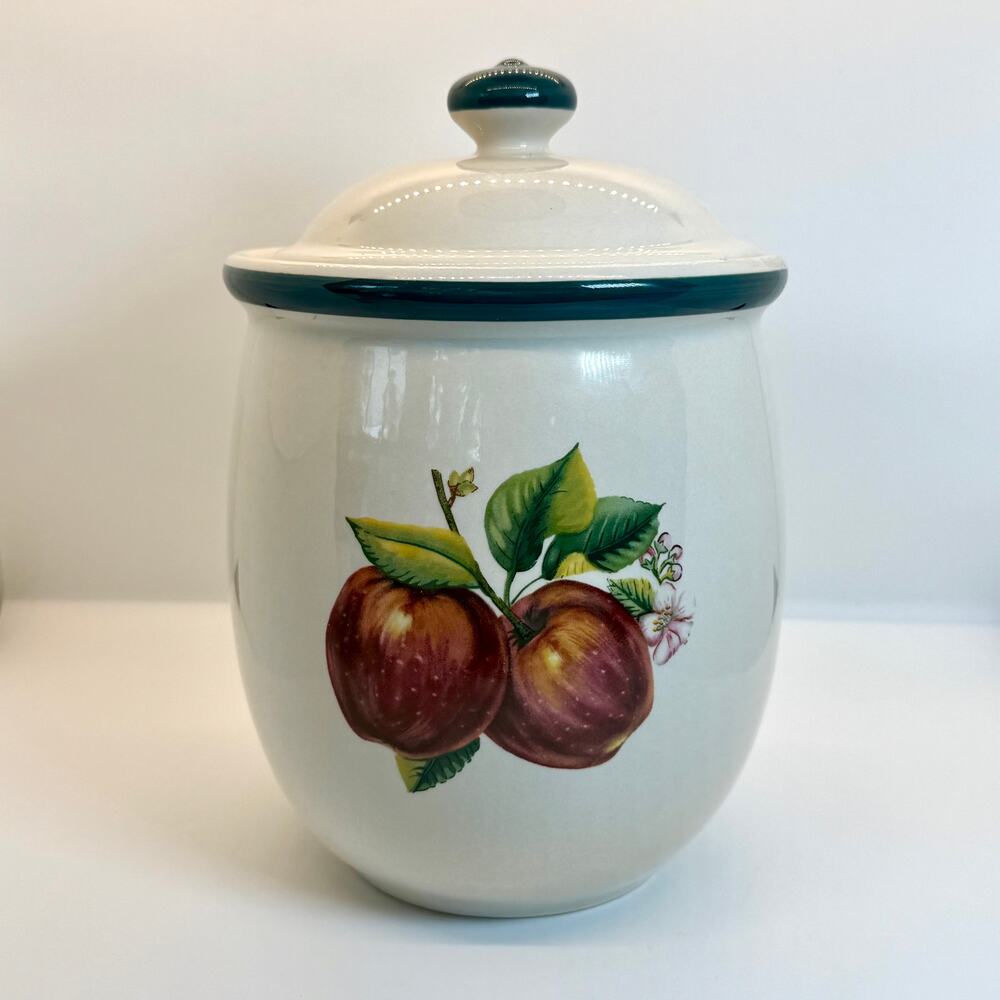 Casuals by China Pearl Apples Large Ceramic Kitchen Canister w‎ Lid Green Trim